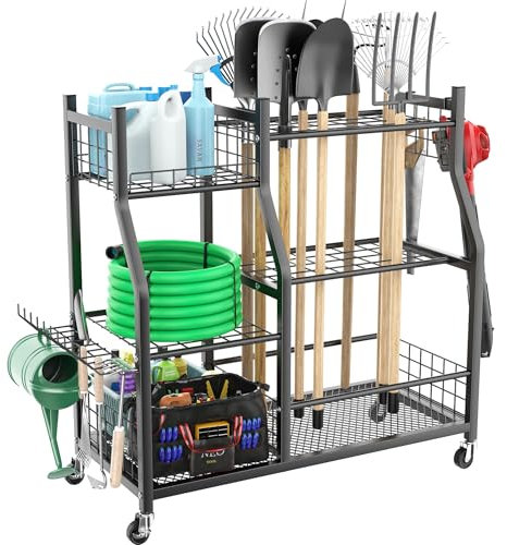 WALMANN Garden Tool Organizer with Wheels for Garage, Large Storage Capacity, Rakes/Shovels/Yard Tools Storage Stand for Shed, Garden, Indoor/Outdoor Long-Handled Tools Rolling Cart