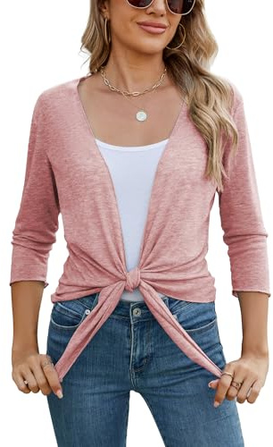Famulily Women's Summer Comfy Thin Cardigans V Neck Tie-Front Sheer Shrug Loose Cover ups (XL, Pink)
