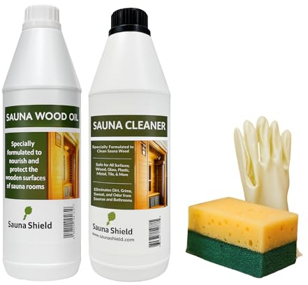 Sauna Shield Sauna Care Set – Sauna Wood Oil & Sauna Cleaner (33.8 fl oz each) with Applicator Sponge & Gloves | Protects, Cleans & Nourishes Sauna Wood | For Traditional & Infrared Saunas