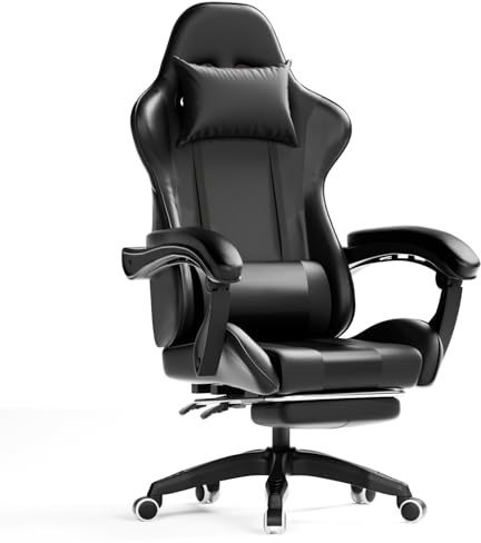 Invoker Gaming Stuhl, Ergonomischer Gaming Sessel Computer Bürostuhl mit Fußstütze, Gaming Chair, 90-135° Rückenlehne einstellbar PC Stuhl mit 360° drehbar, Schwarz