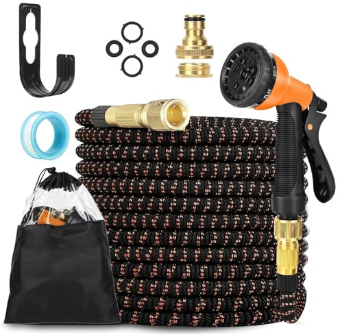 LINGKY Flexibler Gartenschlauch 15m mit 8-Funktionen Schlauchdüse, dehnbarer flexiSchlauch, Vollmessing Adapter 1/2' 3/4' Zoll und Wandhalterung, für den Außenbereich, Orange