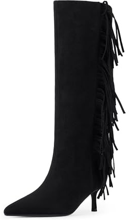Modatope Black Fringe Boots for Women Knee High Boots Kitten Heels Tall Boot Pointed Toe Suede Long Boot for Women Size 7.5