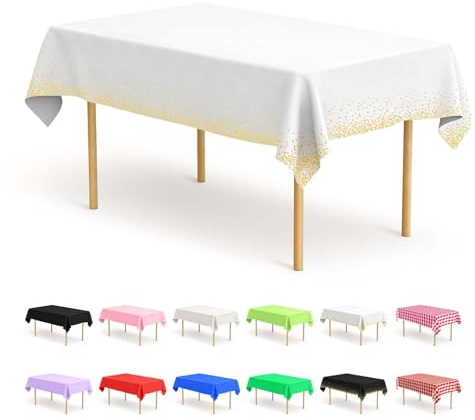 BOUBONI 4 manteles desechables de 137 x 274 cm, rectangulares, adecuados para bodas, catering, exteriores y eventos temáticos (blanco y dorado)