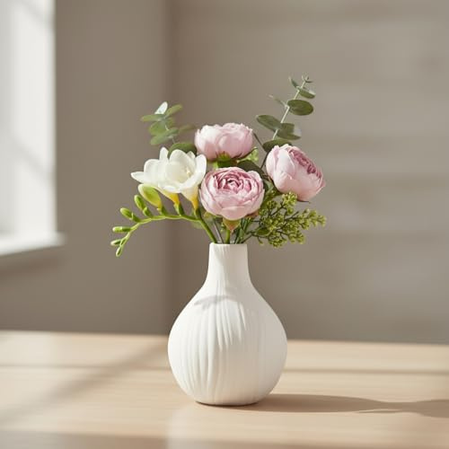 Jarrón de Cerámica Blanco, 13 cm Jarrones Decorativos Modernos Hogar, Jarrones Pequeños para Flores, Minimalistas en Estilo Florero Boho para Decoración Salón, Comedor, Entrada, Oficina
