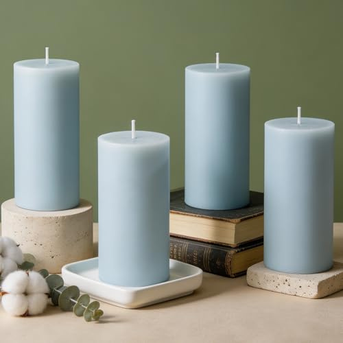 4-Pack Soy Wax Pillar Candles, Eucalyptus Cotton Candles, 4.5cm W x10cm H | 30H Burning Time Non-Toxic & Smokeless Scented Candles with Cotton Wick for Home Decor Church Wedding