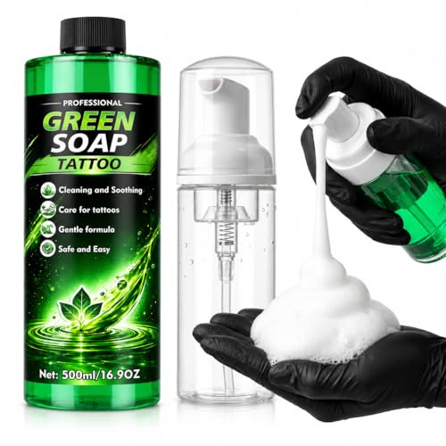 500 ml Green Soap Tattoo, 100% jabón de tatuaje de alta concentración con botella de espuma de 200 ml, fórmula vegana, jabón verde suave para tatuajes y piercings, accesorios de tatuaje