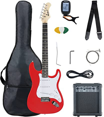 McGrey Rockit ST Komplettset E-Gitarre (8-teiliges Anfängerset mit Gitarre, Verstärker, Ersatzsaiten, Gitarrentasche, Stimmgerät, Plektren, Gurt und Gitarrenkabel) Fiesta Red