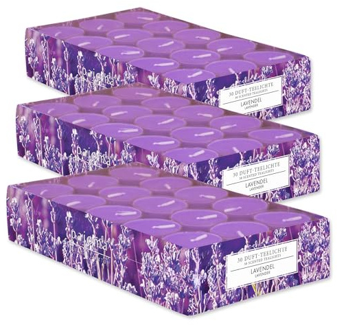 pajoma® Teelichte 3er Pack, Lavendel | 90 Duft-Teelichte in Polycarbonathülle, Brenndauer ca. 4 Stunden - Höhe 1,5 cm ø 3,5 cm | Premium Qualität | Deko, Gastronomie, Outdoor, Windgläser, Hochzeit