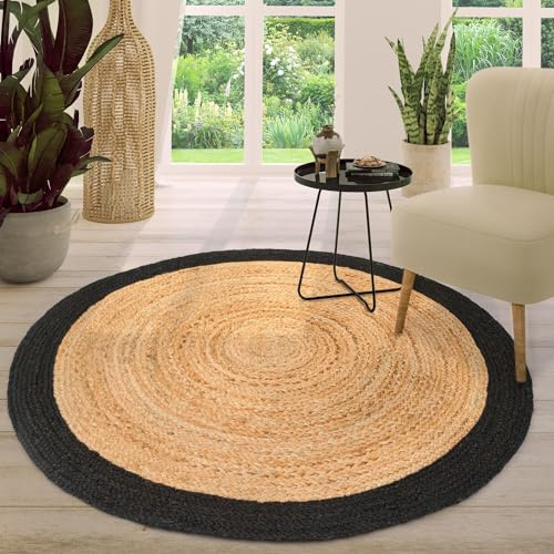 TT Home Jute Teppich Rund Wohnzimmer Esszimmer Boho Modern Handgemacht Mit Umrandung, Farbe: Schwarz 2, Größe:100 cm Rund