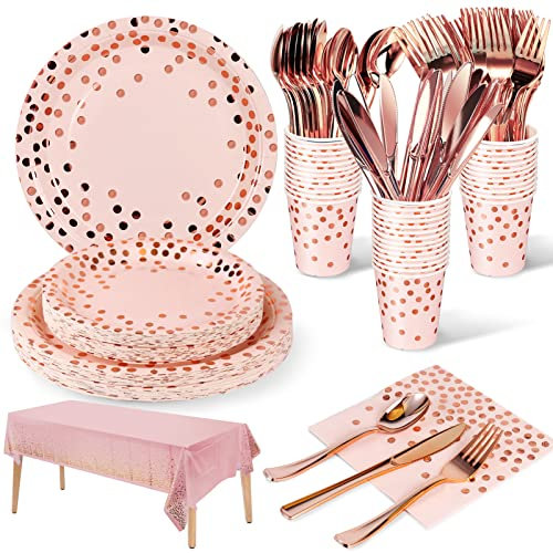 141 Stück Rosegold Partygeschirr, Pappteller Kindergeburtstag Set, Geburtstag Party Geschirr, Partyzubehör Papier Geschirr Set einschließlich Teller Becher Wiederverwendbares Geschirr -20 Gäste