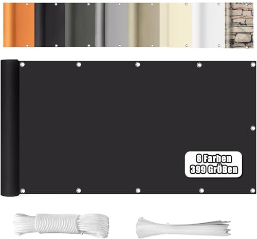WEALSFUN Balkonabdeckung (390Größen & 8 Farben) Balkonverkleidung Ohne Bohren blickdichte Wind UV-Schutz mit Ösen Kabelbinder Kordel,50X100CM Schwarz