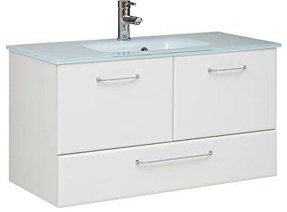 Lomadox Waschtisch mit Glaswaschbecken in weiß Hochglanz, B/H/T: ca. 99/52,5/44,5 cm