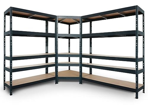 Regalsystem: 1 Eckregal 180x90x45x64,5cm und 2 Rivet Steckregale 180x120x45cm und 180x150x45. 5 HDF- Böden, 250kg, anthrazitgrau