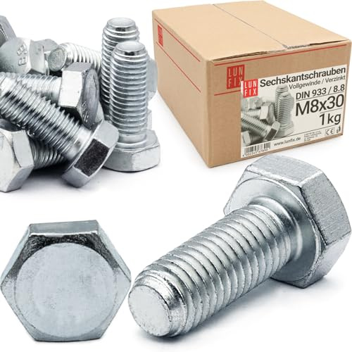 Sechskantschrauben M 8 x 30 1 kg (ca.64 Stk.) DIN 933 Vollgewinde, verzinkter Stahl, Gewindeschrauben mit sechseckigem Kopf,6 Kant Maschinenschrauben mit Gewinde bis Kopf,Vollgewindebolzen