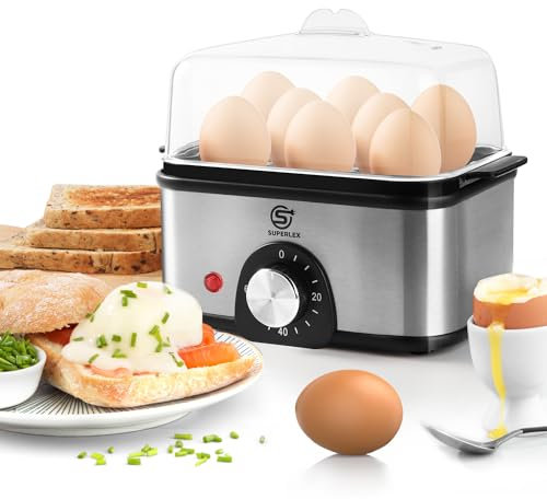SUPERLEX Eierkocher aus Edelstahl für 1–8 Eier, 2-in-1 elektrischer Dampfgarer, mit Zeiteinstellung zur Härteeinstellung, 60-Minuten-Timer, automatische Abschaltung zum Überhitzungsschutz, BPA-frei