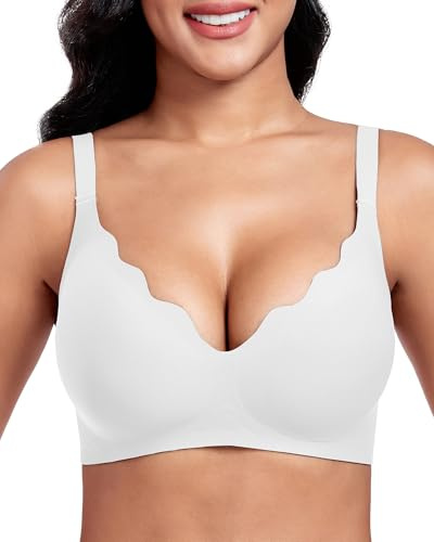 Vinfact Women's Bras Plunge V Floral Non Wired Push up Padded Comfort Everyday Bra-White-S