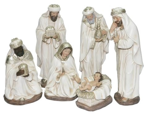 CAPRILO Set de 6 Figuras Decorativas Religiosas de Resina Nacimiento con Reyes Magos Adornos y Esculturas. Belenes. Decoración Hogar. Regalos Originales. Navidad y Reyes. 10 x 10 x 24,50 cm.