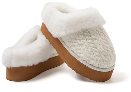 JOMIX Zapatillas Casa Mujer Invierno con Peluche Cálido Pantuflas Mujer Plataforma Comodas Zapatillas Mujer Casa Calientes de Tejido MD1039-2, Blanco, 38-39 EU