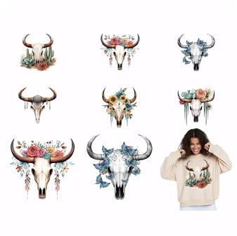 SUPERDANT 9 pegatinas de flores y cráneo de vaca para planchar para ropa, calaveras de vaca, pegatinas de transferencia de calor, parches para planchar para manualidades, decoración de ropa,