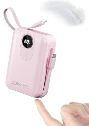 Built-in Cable 20000mAh Power Bank: 22.5W Fast Charging External Battery for Mobile Phone, USB C (Input & Output) Battery Pack, Portable Charger with 4 Outputs & 2 Inputs-Pink