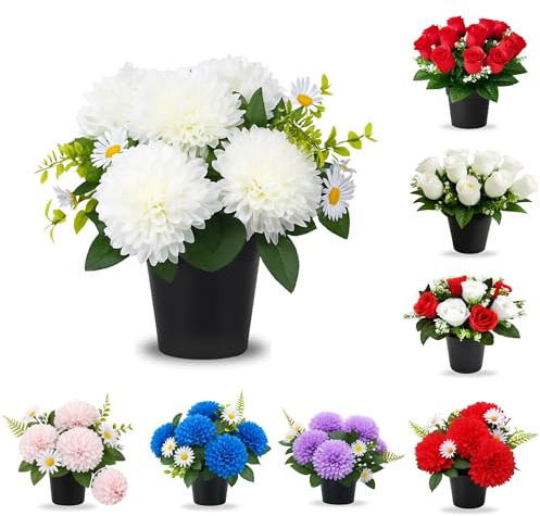 AMERISE 25cm White Artificial Flower Pot for Graves – Elegant Chrysanthemum Daisies in Durable Black Pot | Weather-Resistant Memorial Flowers for Cemetery, Funeral & Graveside Decoration
