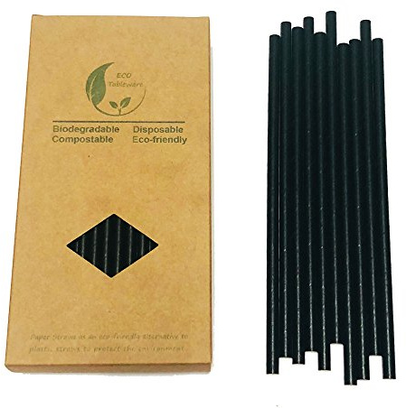 Negro Sólido Paja de Papel, 100 Unidades Biodegradables Pajitas Negras Desechables para Decoración de Cócteles de Festas, Bares y Restaurante