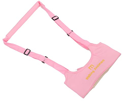 Arnés ergonómico para primeros pasos, ideal para bebés de 6-24 meses, diseño transpirable y sin presión en la columna, con asa ajustable para y color rosa suave.