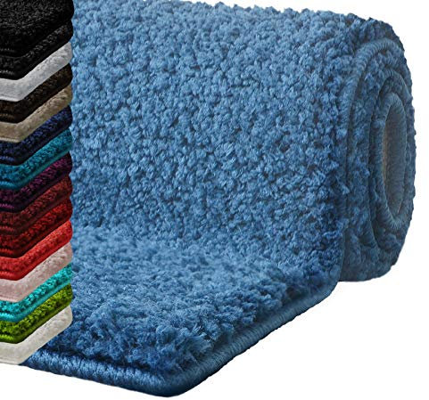 casa pura Rutschfester Badezimmerteppich – saugfähige Badezimmerteppiche, Shaggy – dick und weich in 16 Farbtönen einfarbig und verschiedenen Größen – 60 x 100 cm – Blau