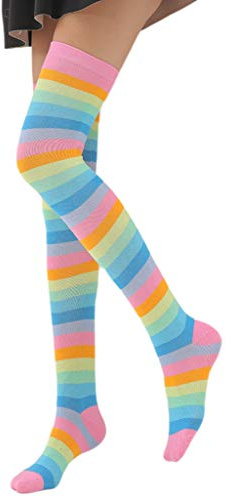 GUMEI Donne Ragazze Fantasia Arcobaleno Strisce Colorate sopra Il Ginocchio Calze Lunghe Costume Cosplay di Halloween Lavorato A Maglia Elastico Calze Alte