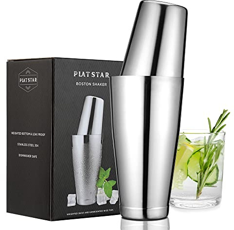 Plat Star Boston Cocktail Shaker Set, Weighted 28oz Unweighted 18oz Shaker Tins, 304 Stainless Steel Leak-Proof Drink Mixer Cup, Metal Bartender Tools for Home Bar & Commercial, Silver
