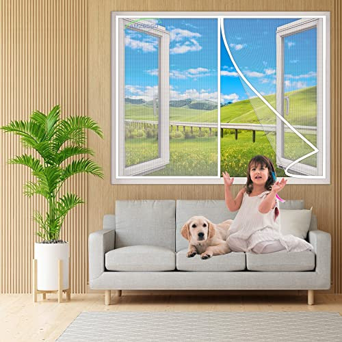 Magnet Fly Screen Window Insect Protection, 150x155 cm Heavy Duty Mesh Curtain with Full Frame Hook and Loop That Snap Shut Automatically Easy Installation- White H
