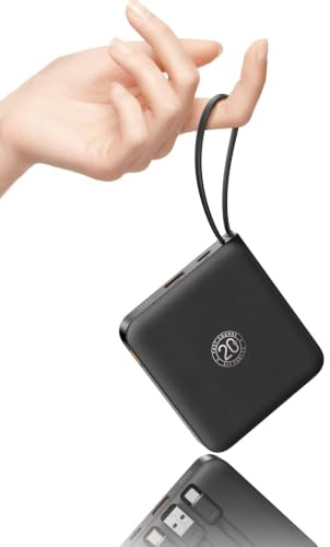 VRURC Batterie Externe 10000mAh avec 4 Câbles, Charge Rapide 22,5W, Noir | Mini Chargeur Portable Power Bank USB-C avec Affichage LED, Accumulateur pour iPhone Huawei Samsung Smartphone