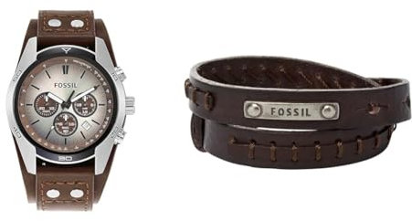 Fossil Coachman Uhr für Herren, Chronographenwerk mit Edelstahl- oder Lederarmband, Braun, 45MM & Herrenarmband Doppelwickel in braun, JF87354040