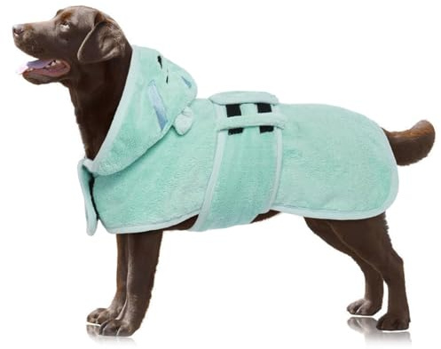 OUOBOB Dog Drying Coat, Bathrobe for Drying Dogs, Green Towels for Large Dogs, Microfibre Dog Robe Super Absorbency with Hood & Adjustable Belly Straps for Golden Retriever, Labrador XL