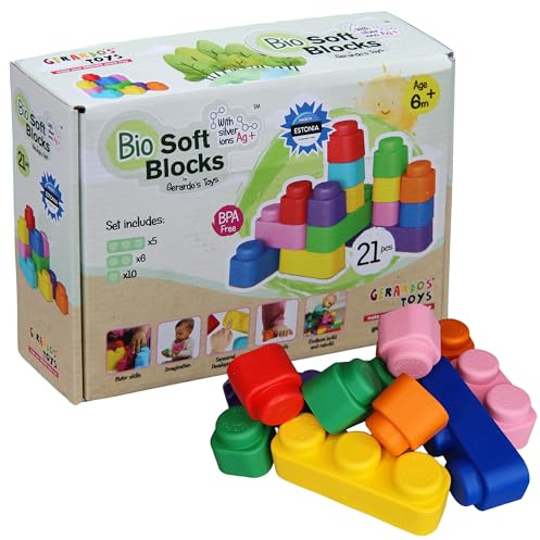 GERARDO'S Motorikspielzeug Bunte Weiche Bausteine zum Stapeln und Türme Bauen - Bauklötze für 6 Monate Oder Mehr, für Kreativität und Spielerisches Lernen, BPA-FREI (Blocks, 21, Stück)
