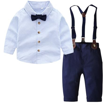 Yishengwan Traje de Bautizo para Niño Caballero Conjunto,Camisa de Manga Larga con Pajarita+Pantalones de Tirantes Traje Ropa Azul 6-7 años