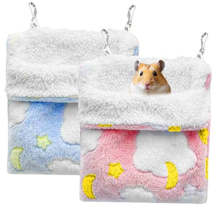 KASESSS 2 Stück Warme Meerschweinchen Hängematte, Weicher Plüsch Hängematte Meerschweinchen, Hängende Stern Mond Ratten Hängematte für Kleintier Versteck Schlafen (Rosa,Blau)
