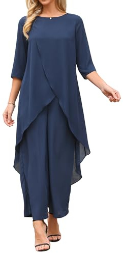 Seta T Women's 2 Piece Chiffon Sets Summer Dressy Pantsuits High Low Top Pants Set Formal Wedding Guest Outfit Dark Blue M