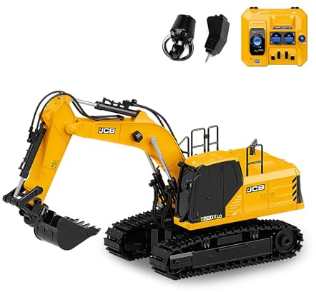 Official JCB BRRRRT 3-in-1 Remote Control Excavator Construction Vehicles with Drill Bit, Grab Bucket & Digging Hook, 14-Channel RC Excavator with Lights & Sounds for Kids Ages 3+