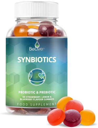Probiotic + Prebiotic Fiber Gummies Sweetened with Stevia and Tapioca - Suitable for Kids & Adults, for Better Gut Health, High Potent Probiotics & Fiber - 60 Strawberry, Lemon, Blueberry Gummy