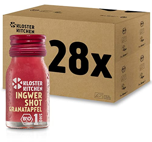 Kloster Kitchen Granatapfel ONESHOT 28 x 30 ml mit echten Ingwerstückchen I Bio Ingwer Shot vegan in der To Go Glasflasche I Ingwershot süß-scharf ohne Zusatzstoffe & mit natürlicher Süße