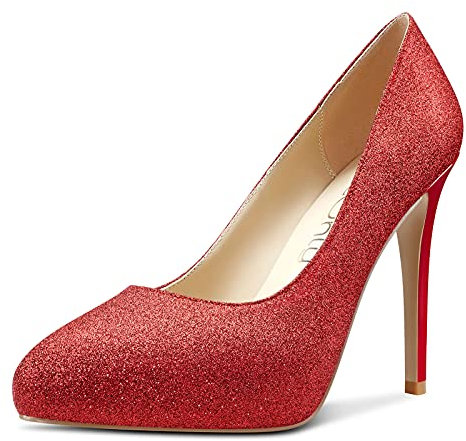 NobleOnly Women's Leather Lining High Heels Platform Pumps Stilettos Court Shoes 4.7IN Heels Red Glitter Shoes UK 10