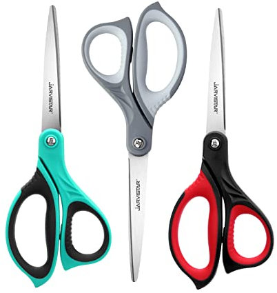 JARVISTAR Scheren Set, 3-Teilig Haushalt Bastelschere 22 cm Mehrzweck Schere Ultra Scharfe Klinge aus Rostfreiem Stahl mit Weichem Griff für Zuhause, Büros, Schulen, Schneider (Grün, Grau, Rot）