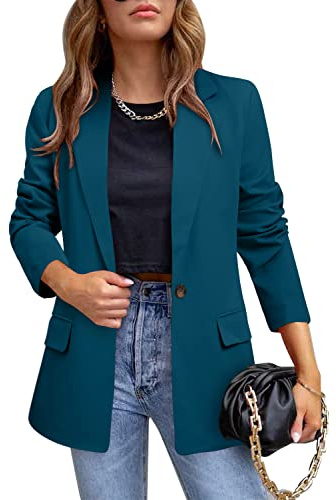 CRAZY GRID Womens Casual Blazer Long Sleeve Business Suit Jacket Open Front Button Work Office Blazer Jacket Fashion Dressy Ladies Blazer Iron Blue Size Large