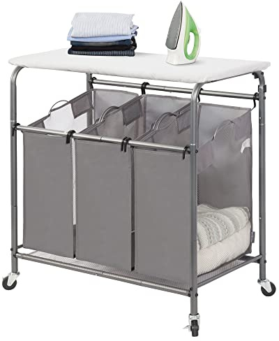 STORAGE MANIAC 3-Section Laundry Sorter with Foldable Ironing Board, Heavy-Duty Rolling Laundry Cart with and Removable Bags, Triple Laundry Hamper with Wheels, Dark Grey