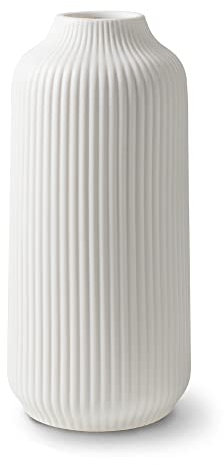 flature Keramik Vase mit Rillen - Dekovase Klein für Pampasgras als Boho Deko, kleine Blumenvase Weiß Matt 21cm hoch für Flowers, Wohnungsdeko für frische Blumen, Trockenblumen, Esstisch, Büro (Gr.M)