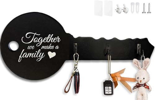 Echehi Wooden Key Holder for New Home, Self Adhesive or Drilling 3 Ways Installation Key Rack, Key Hooks Wall Mounted, Key Holder for The Home(Black)