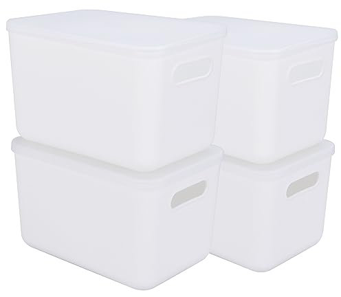 YAYODS 4 Pack Plastic Storage Boxes with Clear Lids, White Stackable Storage Boxes with Handles, Cupboard Storage & Organiser Boxes for Desktop, Kitchen, Shelves, Closet (26x18x16cm)