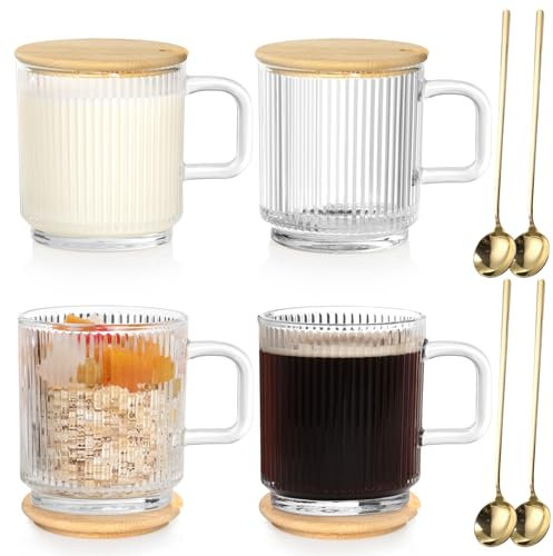 Anhow Juego de 4 Vasos de Vidrio, 350ml Tazas de Café de Cristal Taza de Desayuno, Diseño de Rayas Verticales, Tazas de Té Vintage para Leche, Café, Avena, Yogurt, Bebidas Calientes/Heladas