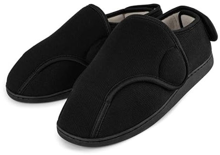 TIESTRA Mens Slippers Memory Foam Slippers Wide Fit Adjustable House Shoes for Diabetic Swollen Feet Black 8UK-42EU